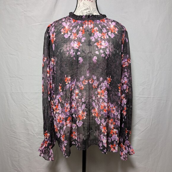 Simply Vera Vera Wang Black Floral Sheer Blouse Ruffle Mock‎ Neck Women's XL - Picture 1 of 8